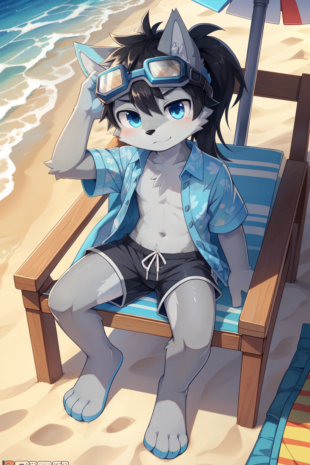score_9,score_8_up,score_7_up, source_cartoon, source_furry, furry shota, wolf, black hair, long spiky ponytail, blue eyes, detailed body fur, two tone body fur, grey body fur, clear grey body fur, ((goggles, blue hawaiian shirt, open clothes, black swim trunks)), detailed body fur, detailed face, detailed eyes, glistering body, shiny body, gorgeous body, beach, clear sky, :3, full body, feets with three toes, 3 toes, navel, sit on beach chair, bird eye view,
