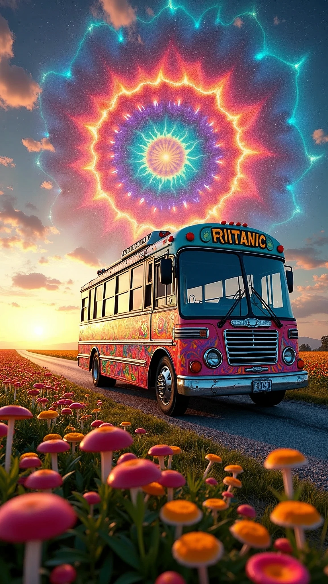 An ultra-realistic and highly detailed image of a large tour bus with the name "FRITANIC" written on the side in playful letters. The bus features a psychedelic and cheerful paint job. The environment exudes positive energy. The bus is traveling on a country road early in the morning, passing through fields filled with flowers and hallucinogenic mushrooms. The sky displays a massive Hindu mandala in an alucinogenic sky. The colors are vibrant. The scene is captured with a Fujifilm X-T4 paired with a 16-55mm f/2.8 R LM WR lens, ensuring stunning clarity and rich details. The lighting is bright and colorful, highlighting the vibrant colors of the bus and the surrounding landscape. The aspect ratio is 9:16, emphasizing the vertical composition 