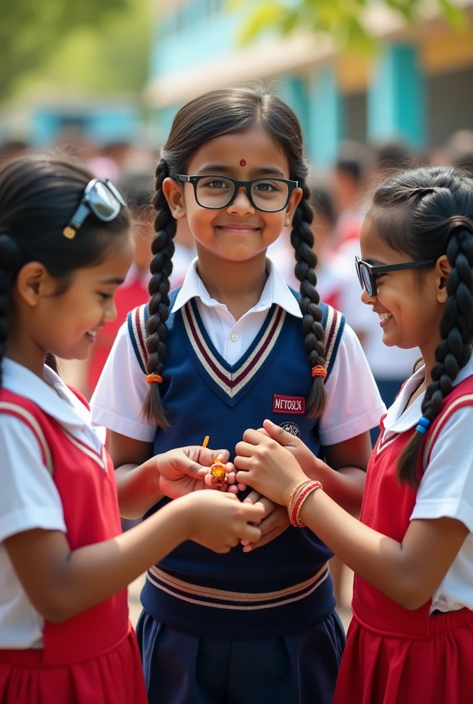 (photorealism:1.2) A indian tan healthy boy in glasses in student uniform 2 girls in school uniform tying 2 braids in hairstyle  , one tan skin and one fair skin in glasses  tying rakhi to the boy its is a school scene 
