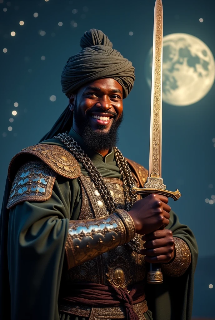 (((Selfie:1.3))), , Muslim warriors, black man , middle body, (Has black hair and a beard, big smile),(Cover the whole body in armor, ((Chinese sword in both hands)) , ((He wears a chain clothes, and Wearing a turban, body light armor))) , night ((Anatomically correct,Surrealism, uhd, retina, accurate, anatomically correct, textured skin, super detail, high details, best quality, 8k))