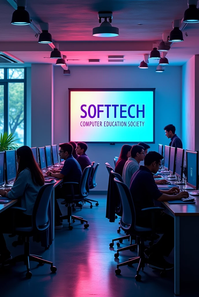 An interior view of a medium large company of a computer institute inside. students is seeing in a large display light board display "SOFTTECH COMPUTER EDUCATION SOCIETY."