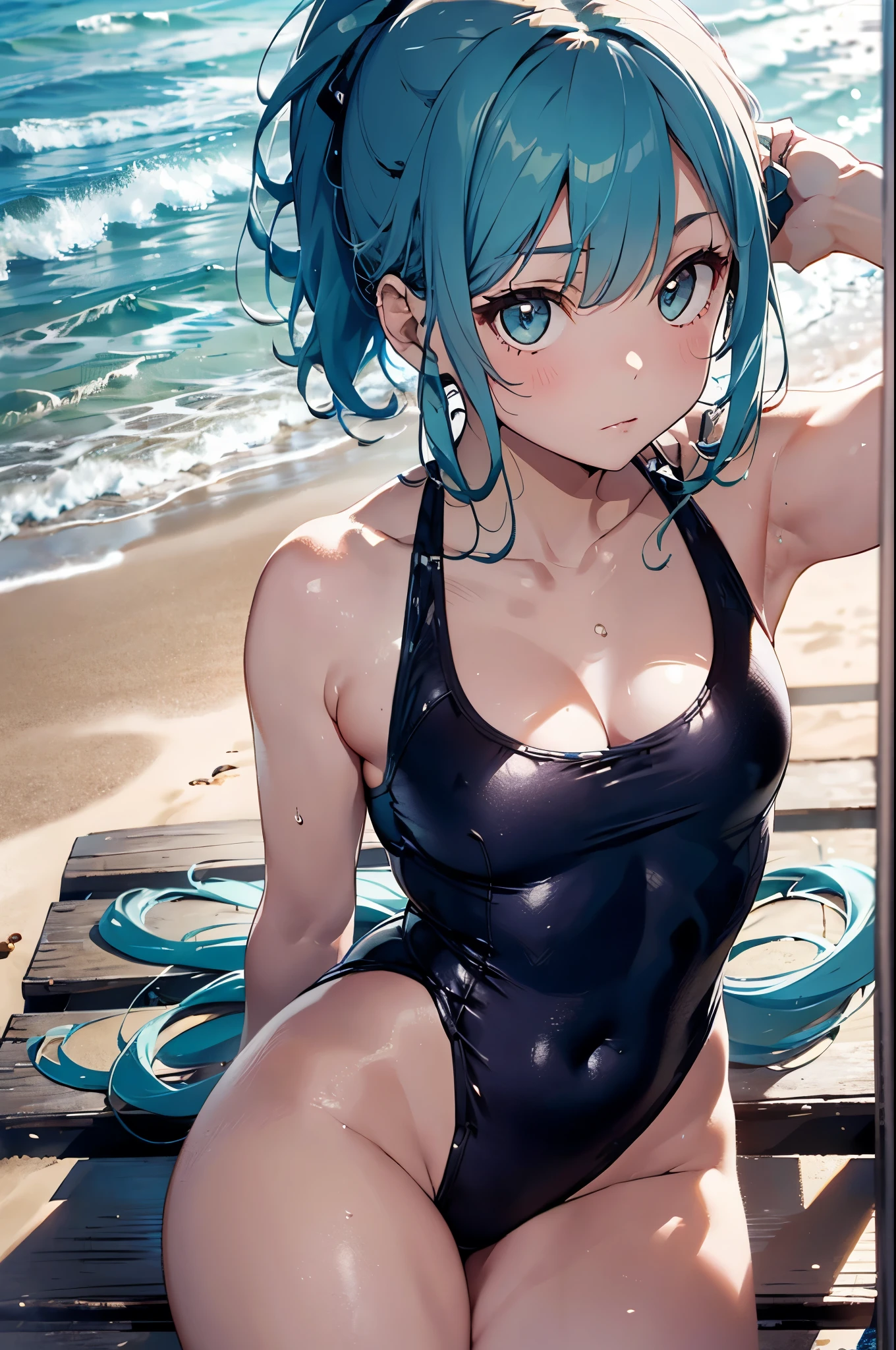 4K,8k,High resolution,topless、Yellow swimsuit、
One beautiful young woman,Light blue hair、ponytail、
(Soft Saturation:1.3), (Fair skin:1.2),
(ultra-Detailed Background, Detailed Background), Bokeh,
break'Smiling portrait.,
When viewed from the front, The composition is symmetrical,
Looking straight at you with serious eyes,
break Swimwear, Yellow Bikini, Center of chest,
Outdoor, Sea surface, null, sunlight,Summer beach, Sandy Beach,
Strong light, Front lighting,
(:1.3), (Cowboy Shot:1.2),
Front brake angle,
View your viewers,
Dynamic pose,
sitting on the beach
Seaweed、Seaweed、Seaweed、Seaweed、Seaweed、Seaweed、Seaweed、