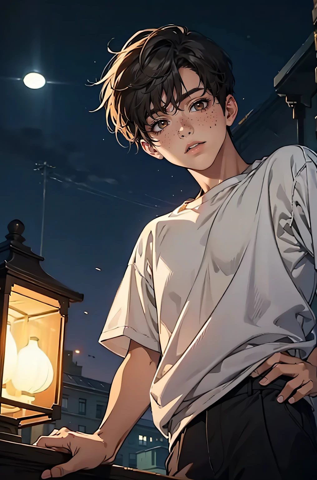 Detailed face, 1boy,Chris, brown eyes, [freckles] 