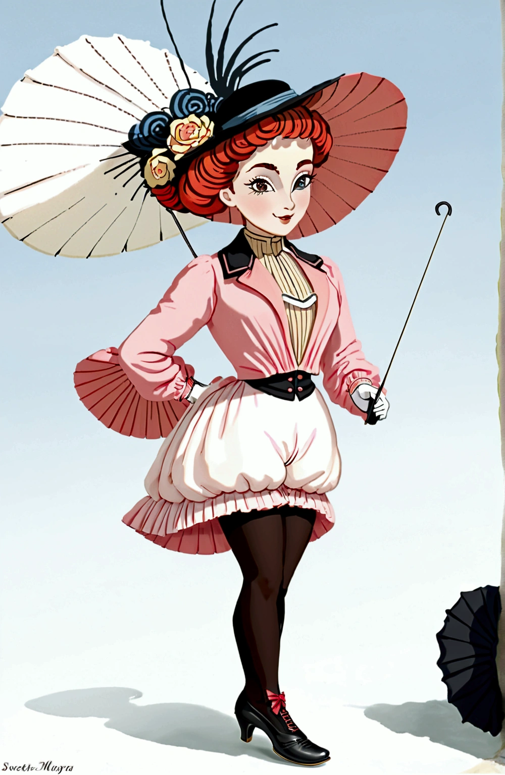 An attractive 10yo Southern belle. Upper-class airhead. Delicately holding a parasol. Year 1897. Pink high-collar long sleeve 1890_dr3ss. ((Wide-brimmed black hat)). Wasp waist. Bubble butt sticking out. High-waisted ruffled ((bloomers)). Petticoats. Silk stockings. Boots. Gorgeous face, porcelain skin. Full body, realistic, detailed 