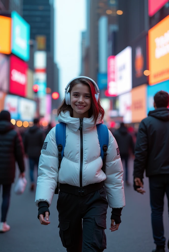 (photorealism:1.2), very beautiful young girl, shoulder haircut, wearing slimfit white space jackets and black cargo pants is walking at crowded people(man and  women), white headphones and blue backpack, perfect lighting shot on her, sweet litle smile, concerta, newyork city streets so many billboard and street mark, stop lights, cyberpunk(realism)