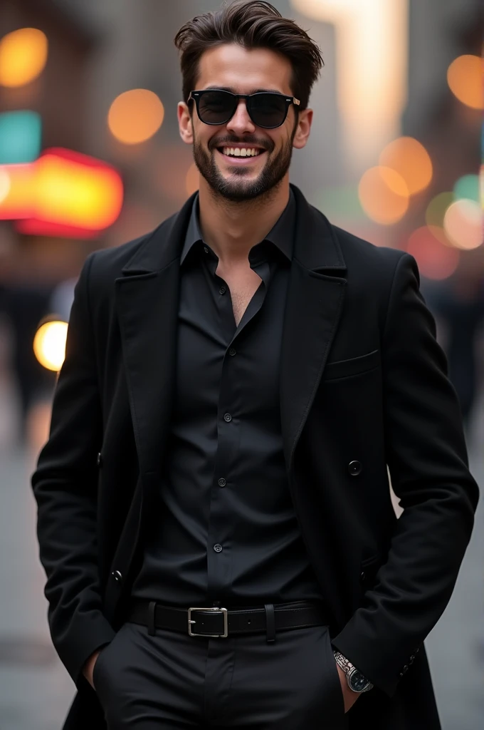 a handsome young man of 27 years wearing black shirt and black pant and black coat and he is wearing sunglasses and smiling and he is beared and moustache and there are prominent dimples on his face...And his complexion is very fair..And i want s full body view of him...Not half picture