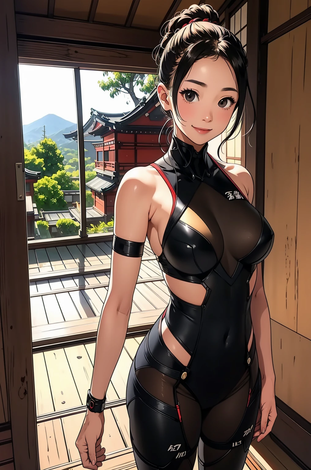 1 female, brown updo hairstyle, black headband, wearing white ninja bodysuit, standing inside japanese traditional house, smile,