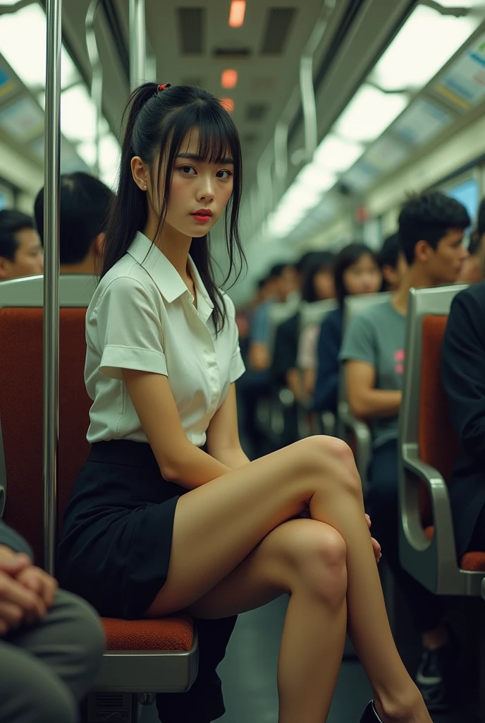 Actual photo、Highest im年 quality、Beautiful woman、Beautiful thighs、Beautiful Face、Uniform Ponytail、Yuriko Yoshitaka、Japanese women、pretty girl、skirt、Beautiful thighs、pumps、Inside a crowded train、Sit in your seat、Front seat、(Boys groping women&#39;s breasts:)、