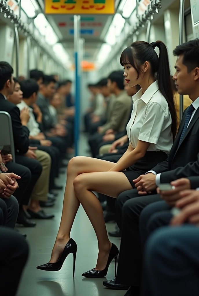 Actual photo、Highest im年 quality、Beautiful woman、Beautiful thighs、Beautiful Face、Uniform Ponytail、Yuriko Yoshitaka、Japanese women、pretty girl、skirt、Beautiful thighs、pumps、Inside a crowded train、Sit in your seat、Front seat、(Boys groping women's breasts:)、