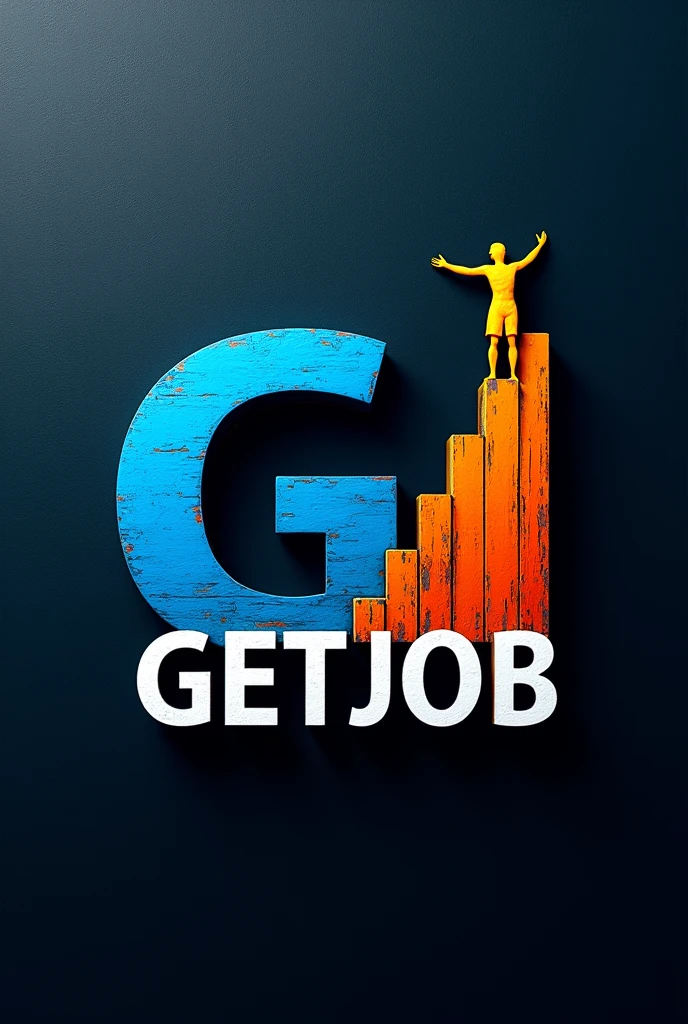 A stylized logo with the letters 'G' and 'J'. The letter 'G' is in a shade of blue and features a silhouette of a , sitting on it. The letter 'J' is in a shade of orange and has a design resembling a staircase or a ladder. Below the letters, there's a text that reads 'GETJOB'. The background is a blue, and the entire design is set against a textured, dark surface.