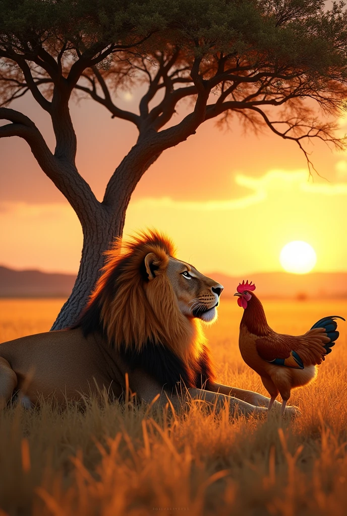 Hen eating lion