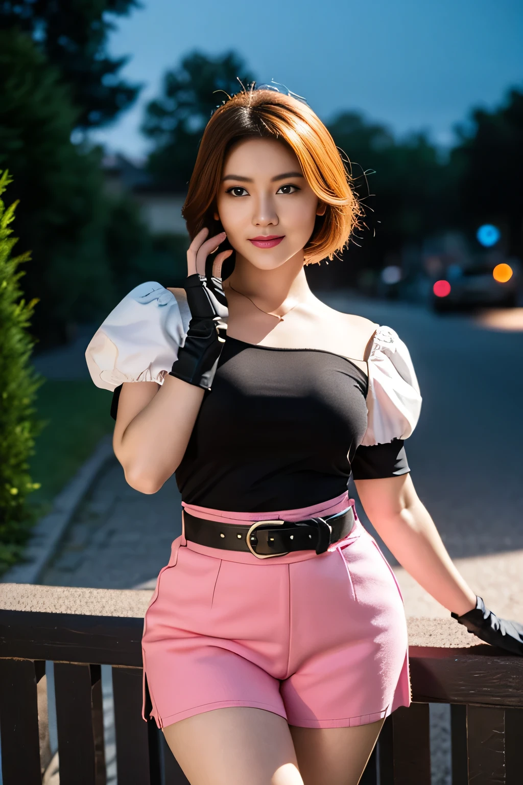 1girl,cowboy shot, beautiful nora_valkyrie, looking at viewer, smile, short hair, blue eyes,heart cutout, gloves,  jacket, pink skirt, pink belt, short sleeves, puffy sleeves, single armband, fingerless gloves, orange hair, pink gloves, dynamic pose, night, outdoors, city, (volumetric lighting), best quality, masterpiece, intricate details, tonemapping, sharp focus, hyper detailed, trending on Artstation,