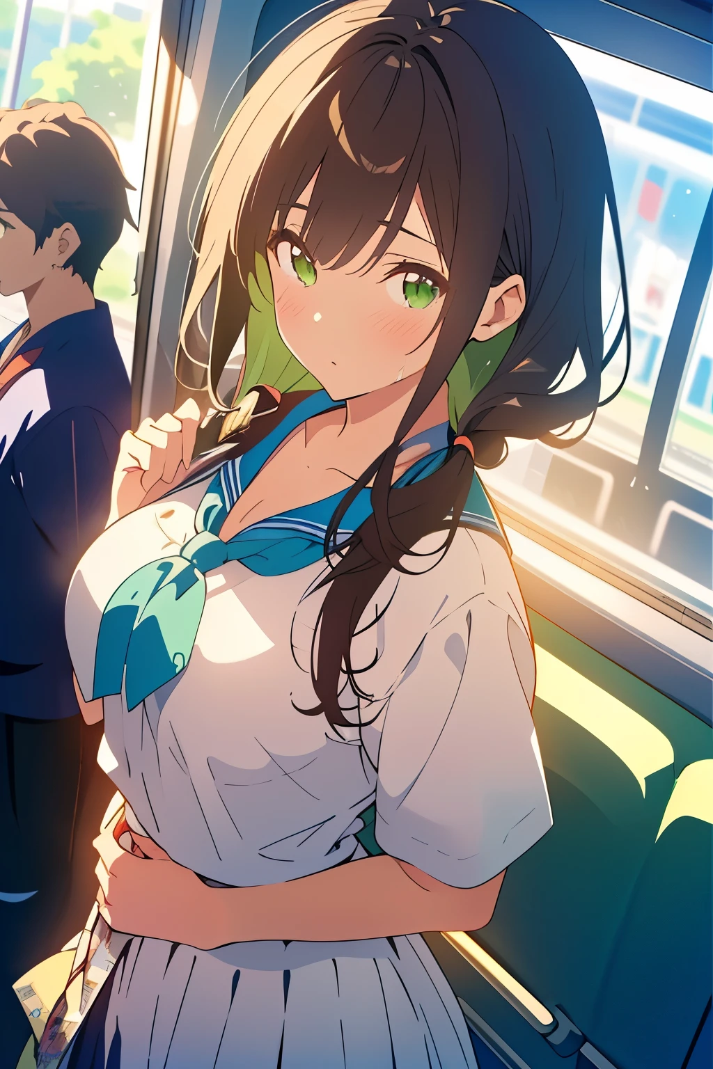 ((masterpiece, Highest quality, High resolution, 超High resolution, Pixel perfect, Written boundary depth, 4K, RTTX 10.0, High resolution))), 1 person, single, alone, Beautiful Anime, Beautiful art style, Anime characters, ((Shortcuts, bangs, Dark brown hair)), ((Green Eyes:1.4, Round eyes, Beautiful eyelashes, current eyes)), ((Smooth texture:0.75, Anime CG style)), ((Dynamic Angle, close)), Perfect body, (cute), Normal chest, whole body, ((4K, 8k, Highest quality, Perfect Fingers: 1.3, Perfect Anatomy: 1.3, Background Blur)), whole bodyアングル, Illustration of someone commuting by train in the heat, OL, The character is wearing a white shirt and a navy blue skirt., He is sweating and looks a little tired., Wiping sweat with a handkerchief, The background shows the inside of a crowded train., The strong summer sunlight is shining outside the window., The overall scene conveys the heat of summer and the difficulty of commuting.