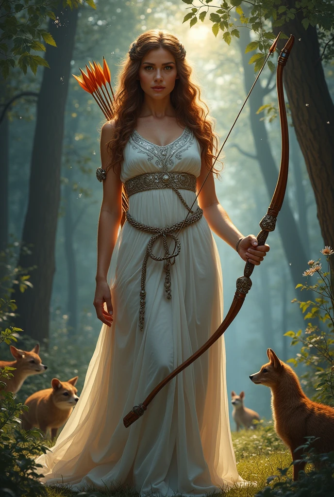 Greek Goddess Artemis pointing a arrow bow front view 