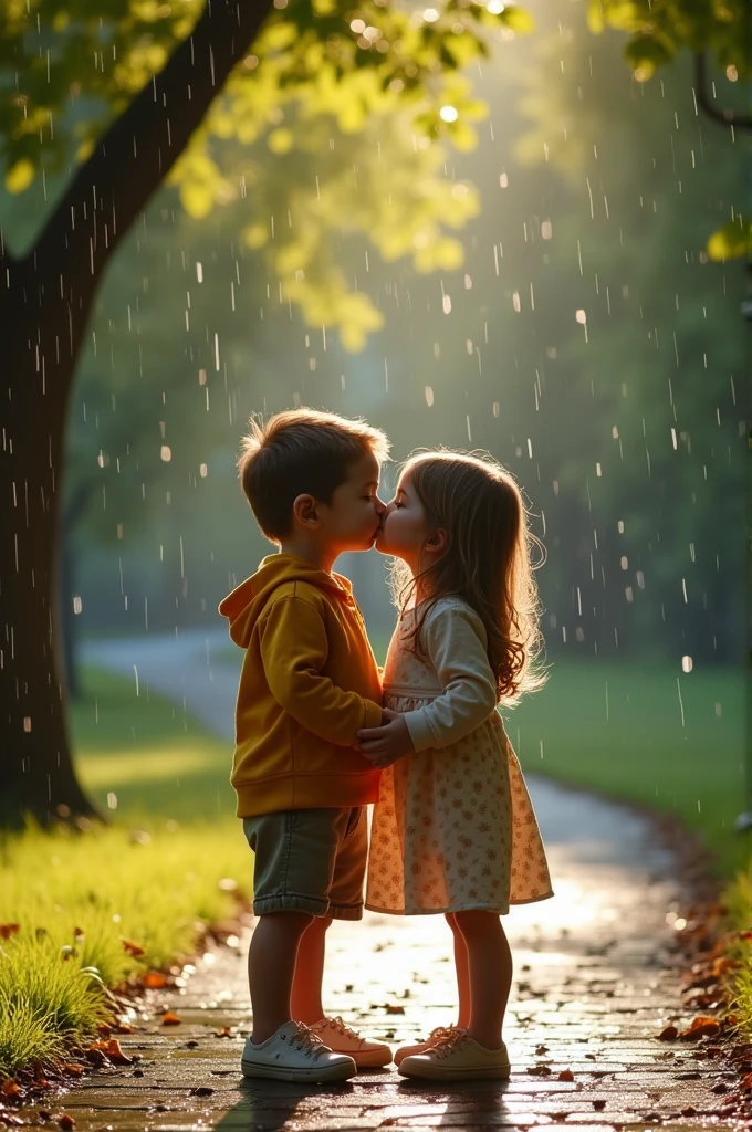 Young boy and young girl kissing in slowly rain