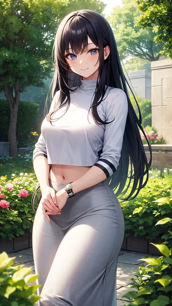 masterpiece, best quality, high detail, beautiful woman, long hair, straight hair, dark blue hair, white cropped jacket, gray maxi pencil skirt, long gray skirt, upper body, wide hips, sneakers, looking at viewer, light smile, garden, backyard,