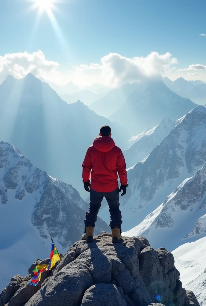 Chinese man standing at the peak of the world