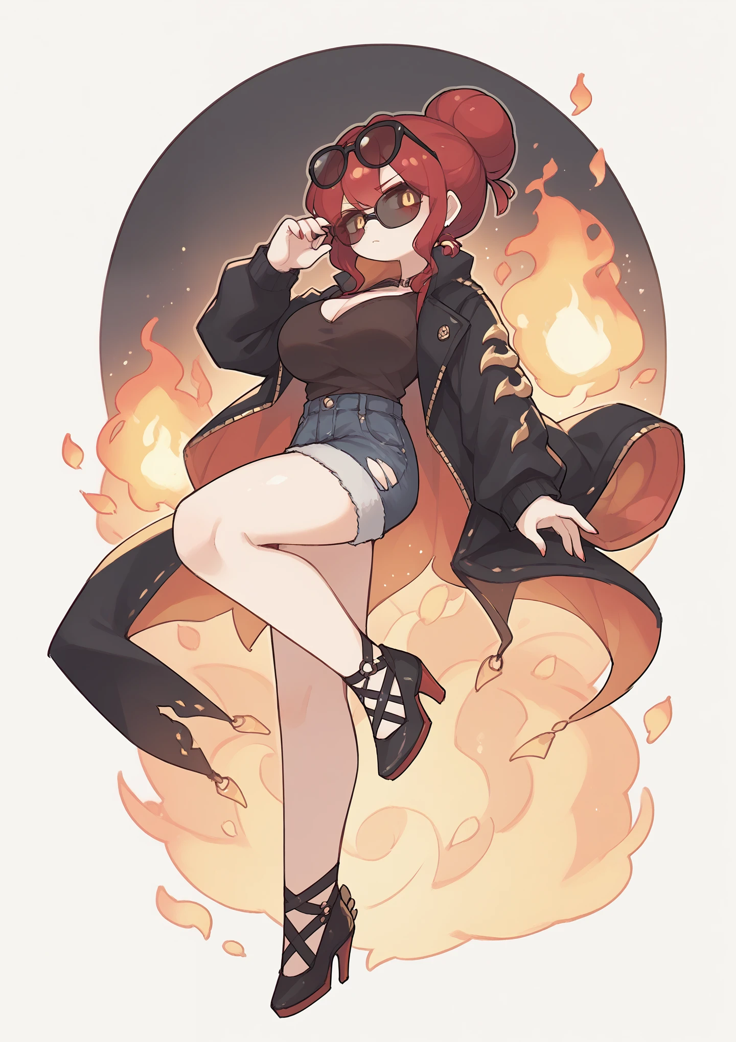 1 Girl,Red bun head,Golden Eyes,Black-framed sunglasses,Big breasts,Black jacket,High heel,flame,shorts