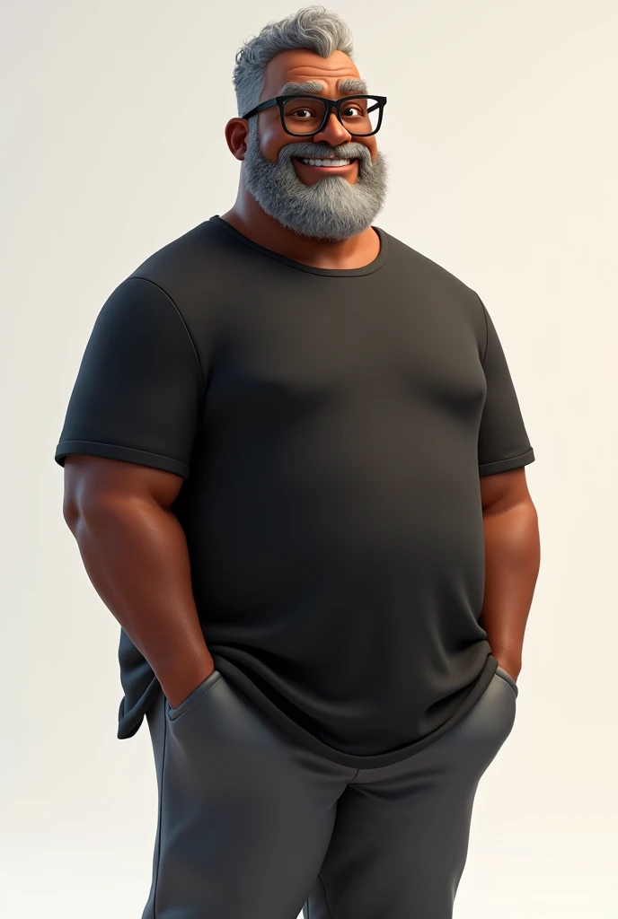 Create a full-body stylized 3D cartoon character of a middle-aged black man with a transparent background, suitable for use in a PowerPoint presentation. The character should be rendered in a Pixar-like style using Arnold Maya or toon Keyshot render. The rendering must be of high quality, featuring cinematic lighting, sharp focus, detailed textures, detailed skin, a clay-like finish, and bokeh effects, all in 8K resolution.
The man has a broad build but without a belly or muscular physique. He wears modern black glasses and has very short gray hair, styled to the right on top and shaved on the sides. His skin tone is dark brown with a warm undertone, and he has two prominent vertical wrinkles on his forehead between his eyebrows.
His beard is trimmed and sparse, with more white hairs on the chin and the rest being dark gray. The man has hairy arms and does not wear any accessories or jewelry, except for a black smartwatch. He is dressed in an oversized black t-shirt and dark gray pants without a belt. His expression is friendly but without a smile, and he is looking directly at the camera, without being cross-eyed.