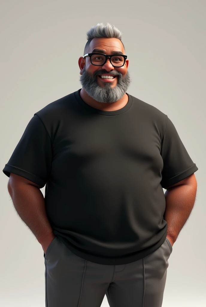 Create a full-body stylized 3D cartoon character of a middle-aged black man with a transparent background, suitable for use in a PowerPoint presentation. The character should be rendered in a Pixar-like style using Arnold Maya or toon Keyshot render. The rendering must be of high quality, featuring cinematic lighting, sharp focus, detailed textures, detailed skin, a clay-like finish, and bokeh effects, all in 8K resolution.
The man has a broad build but without a belly or muscular physique. He wears modern black glasses and has very short gray hair, styled to the right on top and shaved on the sides. His skin tone is dark brown with a warm undertone, and he has two prominent vertical wrinkles on his forehead between his eyebrows.
His beard is trimmed and sparse, with more white hairs on the chin and the rest being dark gray. The man has hairy arms and does not wear any accessories or jewelry, except for a black smartwatch. He is dressed in an oversized black t-shirt and dark gray pants without a belt. His expression is friendly but without a smile, and he is looking directly at the camera, without being cross-eyed.