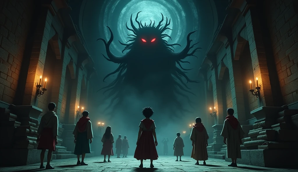 The students finally find the item, but are confronted by "The Guardian"
The spirit is shown in all its terrifying glory, with dark, shadowy tendrils and glowing red eyes
Taro and his friends are frozen in fear, but Taro remembers the words of the school's founder
He realizes that "The Guardian" is not a monster, but a misunderstood spirit
The camera zooms in on Taro's face, as he begins to speak to "The Guardian" in a calm, respectful tone
