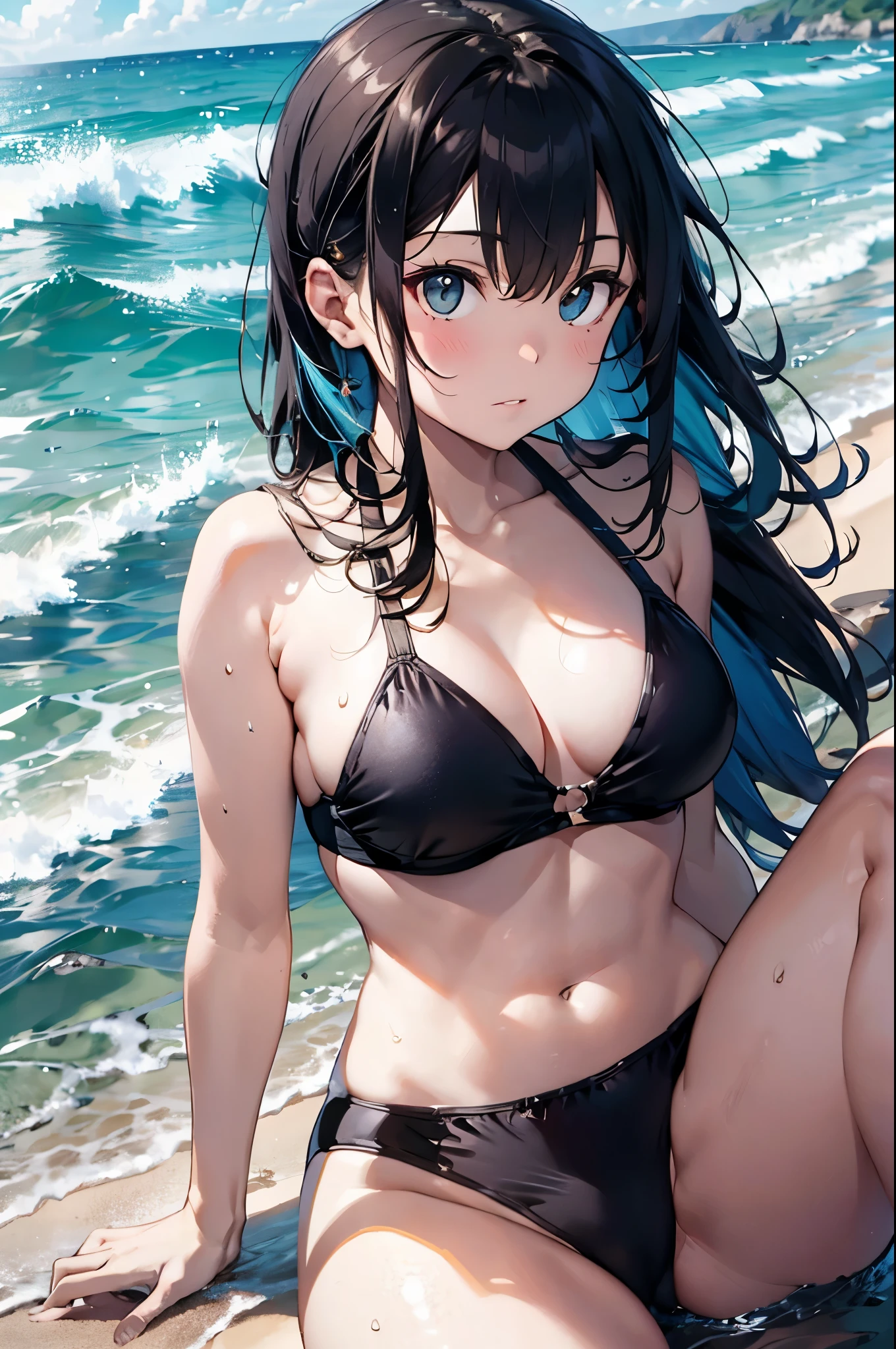 4K,8k,High resolution,topless、Yellow swimsuit、
One beautiful young woman,Light blue hair、ponytail、
(Soft Saturation:1.3), (Fair skin:1.2),
(ultra-Detailed Background, Detailed Background), Bokeh,
break'Smiling portrait.,
When viewed from the front, The composition is symmetrical,
Looking straight at you with serious eyes,
break Swimwear, Yellow Bikini, Center of chest,
Outdoor, Sea surface, null, sunlight,Summer beach, Sandy Beach,
Strong light, Front lighting,
(:1.3), (Cowboy Shot:1.2),
Front brake angle,
View your viewers,
Dynamic pose,
sitting on the beach
Seaweed、Seaweed、Seaweed、Seaweed、Seaweed、Seaweed、Seaweed、