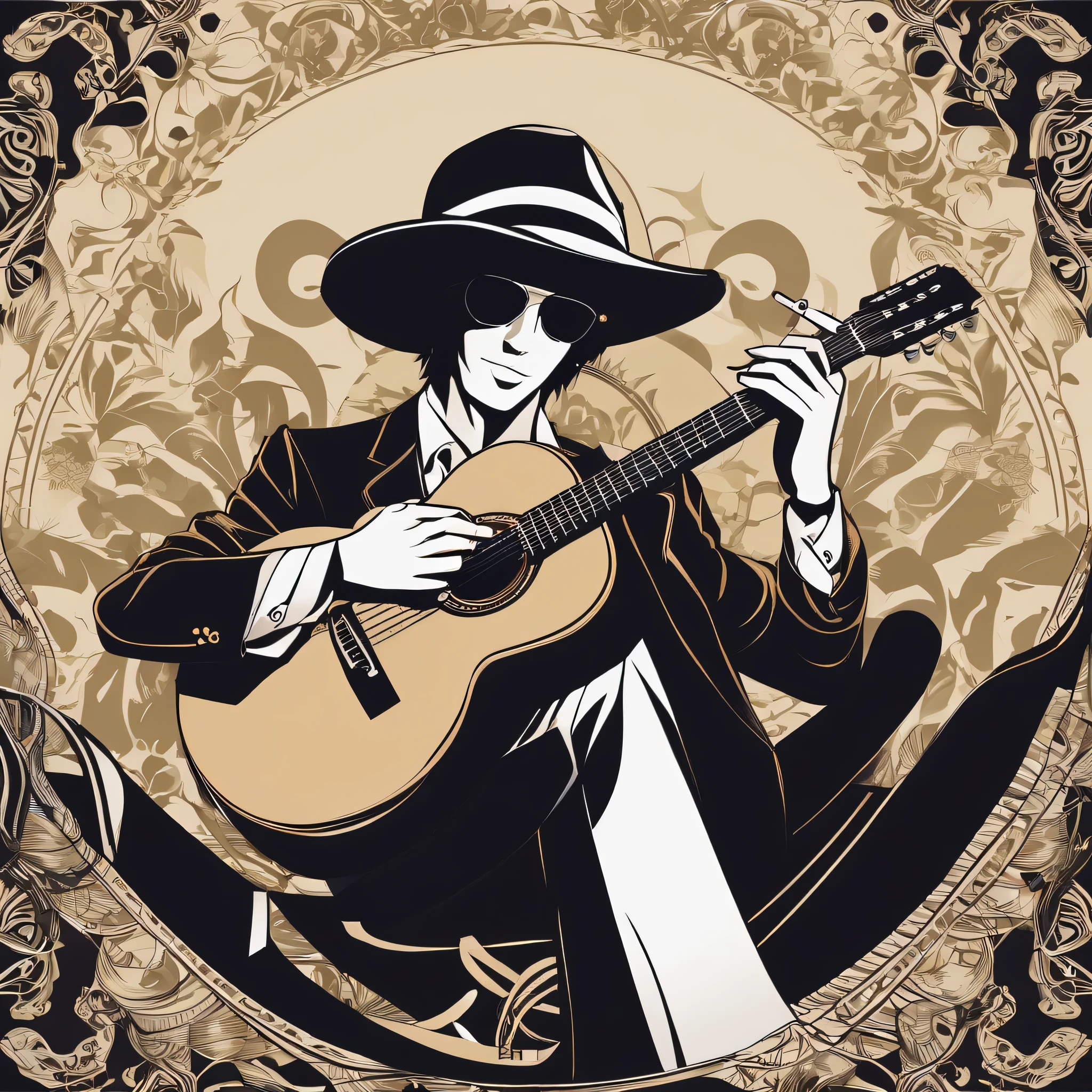 The technique of fabric, A man wearing a hat was playing the guitar while smoking a cigarette.。,