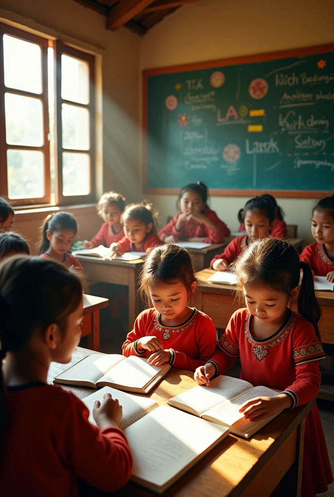Village Children Studying: Children engaged in learning in a classroom.