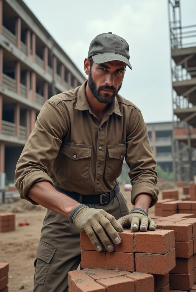 Create an image of a university building construction, with an emphasis on a hard-working bricklayer(a somewhat somber scenario)
