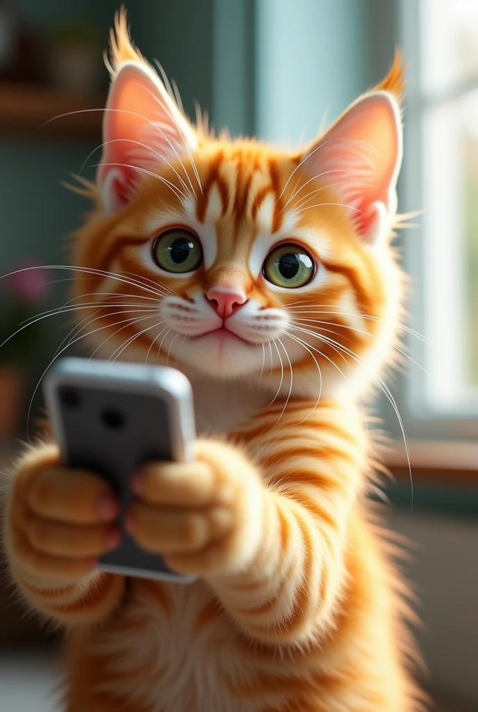Orange cat take a selfie  realistic and close up more realistic 