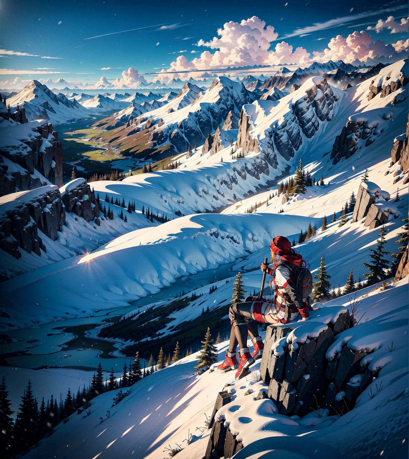 viking warrior with leather armor, sexly, seminua, holding a viking axe, leather panties, com braceletes, chains, breasts big, great breasts, viking armor with metal shoulder pads, leather stockings with garters, leather panties com ligaduras, red long hair, red long hair, FJORDS AND MOUNTAINS WITH SNOW IN THE BACKGROUND, SNOWY MOUNTAINS AND LAKES IN THE BACKGROUND
