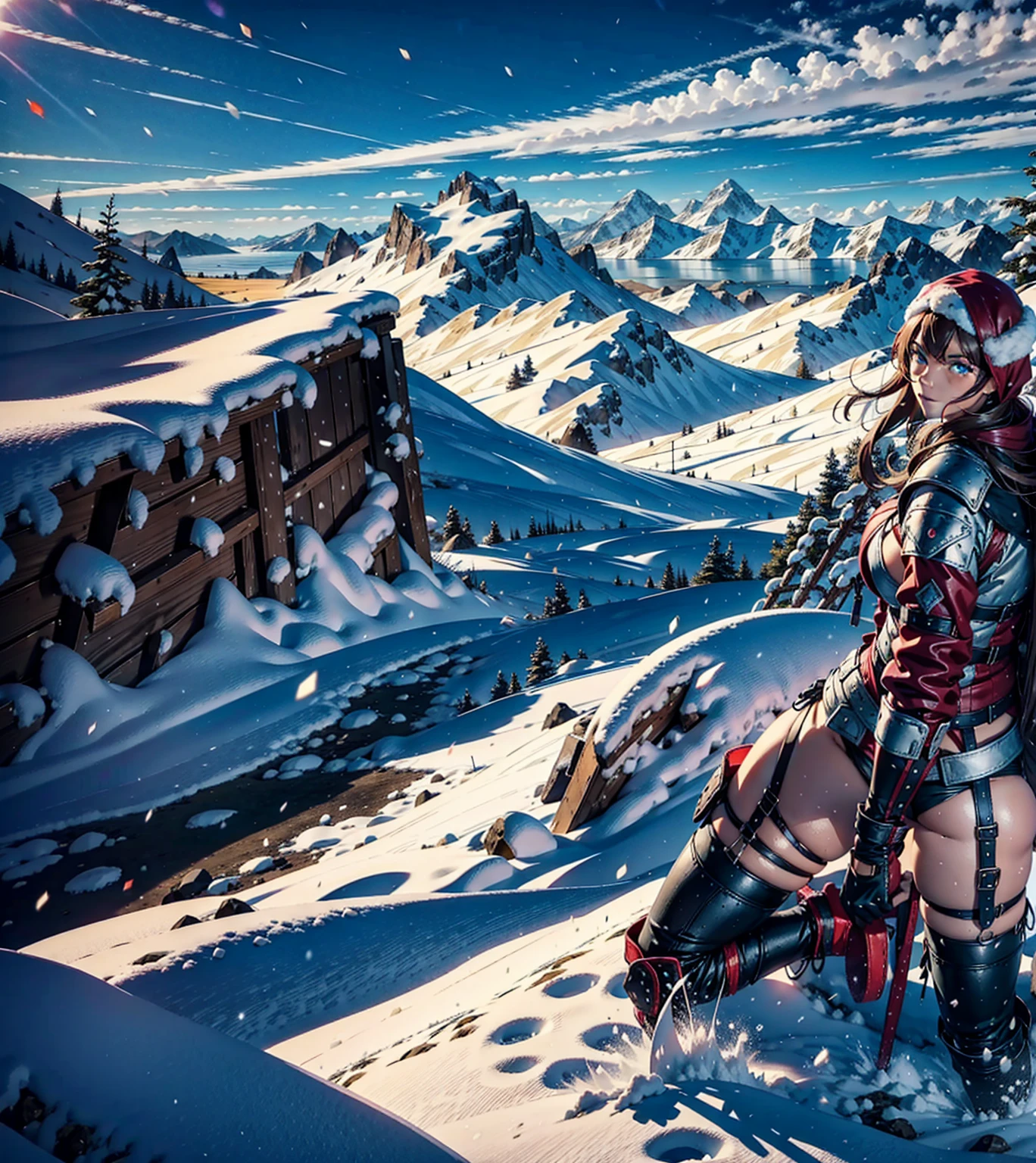 viking warrior with leather armor, sexly, seminua, holding a viking axe, leather panties, com braceletes, chains, breasts big, great breasts, viking armor with metal shoulder pads, leather stockings with garters, leather panties com ligaduras, red long hair, red long hair, FJORDS AND MOUNTAINS WITH SNOW IN THE BACKGROUND, SNOWY MOUNTAINS AND LAKES IN THE BACKGROUND