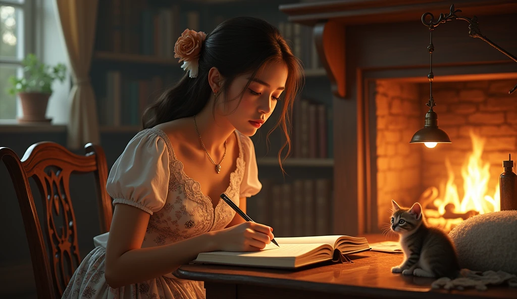 A beautiful young woman with princess-like eyes, wearing a student-style flared skirt, is writing in a notebook. The scene is set in a cozy room with a warm, crackling fireplace. A curious kitten sits nearby, watching her intently. The image should be of high quality, a work of art, and highly detailed, with a 16:9 aspect ratio