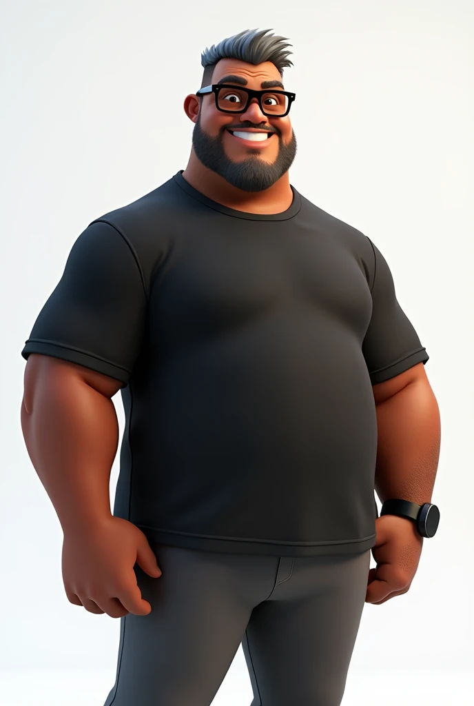 Create a full-body stylized 3D cartoon character of a middle-aged black man with a transparent background, suitable for use in a PowerPoint presentation. The character should be rendered in a Pixar-like style using Arnold Maya or toon Keyshot render. The rendering must be of high quality, featuring cinematic lighting, sharp focus, detailed textures, detailed skin, a clay-like finish, and bokeh effects, all in 8K resolution.

The man has a broad build but without a belly or muscular physique. He wears modern black glasses and has very short gray hair, styled to the right on top and shaved on the sides. His skin tone is dark brown with a warm undertone, and he has two prominent vertical wrinkles on his forehead between his eyebrows.

His beard is trimmed and sparse, with more white hairs on the chin and the rest being dark gray. The man has hairy arms and does not wear any accessories or jewelry, except for a black smartwatch. He is dressed in an oversized black t-shirt and dark gray pants without a belt. His expression is friendly but without a smile, and he is looking directly at the camera, without being cross-eyed.