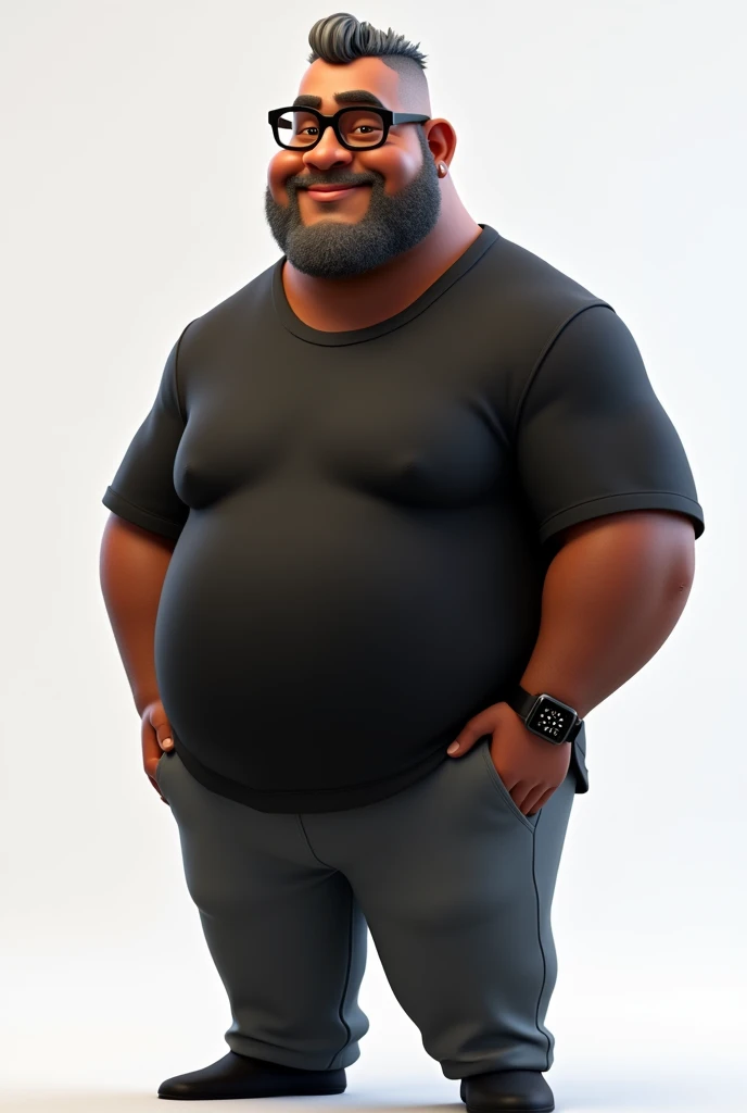 Create a full-body stylized 3D cartoon character of a middle-aged black man with a transparent background, suitable for use in a PowerPoint presentation. The character should be rendered in a Pixar-like style using Arnold Maya or toon Keyshot render. The rendering must be of high quality, featuring cinematic lighting, sharp focus, detailed textures, detailed skin, a clay-like finish, and bokeh effects, all in 8K resolution.
The man has a broad build but without a belly or muscular physique. He wears modern black glasses and has very short gray hair, styled to the right on top and shaved on the sides. His skin tone is dark brown with a warm undertone, and he has two prominent vertical wrinkles on his forehead between his eyebrows.
His beard is trimmed and sparse, with more white hairs on the chin and the rest being dark gray. The man has hairy arms and does not wear any accessories or jewelry, except for a black smartwatch. He is dressed in an oversized black t-shirt and dark gray pants without a belt. His expression is friendly but without a smile, and he is looking directly at the camera, without being cross-eyed.