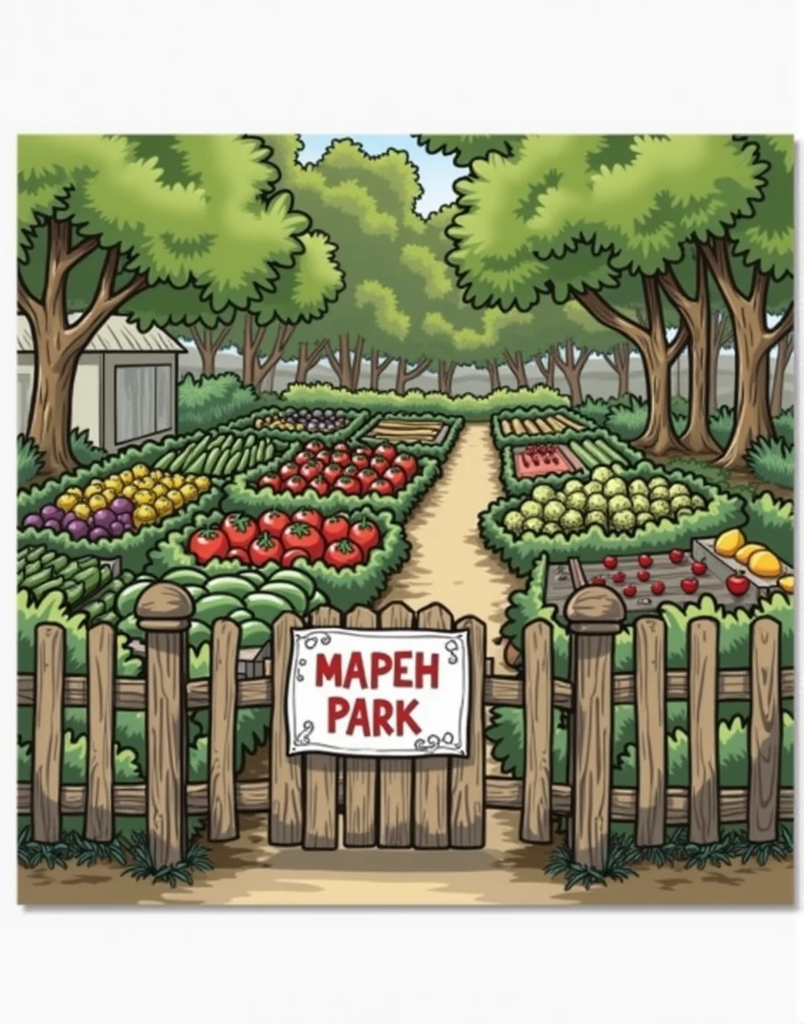 “a slightly top view of vegetable garden,” “with gate that says MAPEH PARK”, “fences around the garden,” “trees at the back of the garden.” “kids illustration”