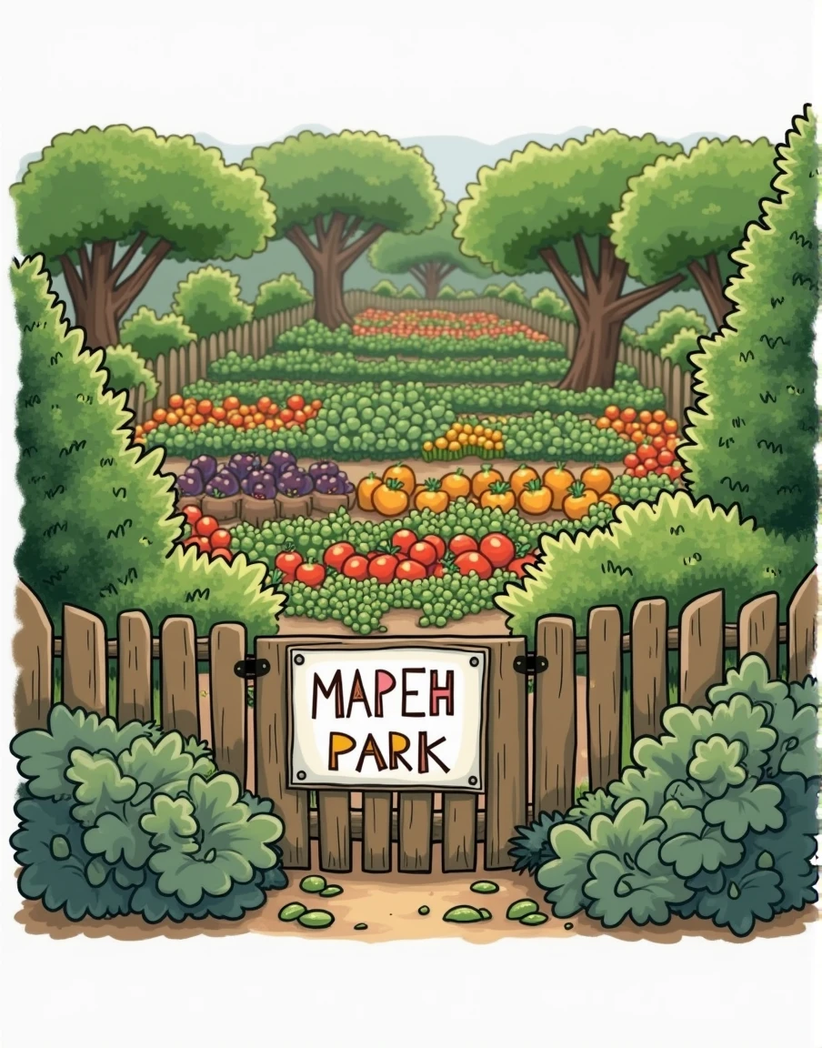 “a slightly top view of vegetable garden,” “with gate that says MAPEH PARK”, “fences around the garden,” “trees at the back of the garden.” “kids illustration”