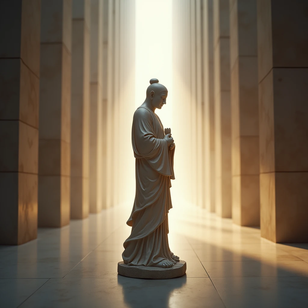 Stoic Statue,  Wise, Accept Yourself as You Are, Rear Light Effect, Real Photo, Realistic, Best Quality., the statue is in a long luminous corridor
