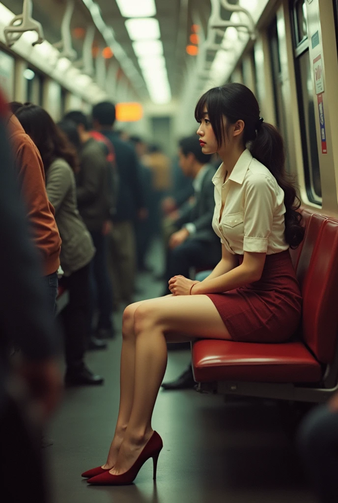 Actual photo、Highest  quality、Beautiful woman、Beautiful thighs、Beautiful Face、Uniform Ponytail、Yuriko Yoshitaka、Japanese women、pretty girl、skirt、Beautiful thighs、pumps、Inside a crowded train、Sit in your seat、Front seat、(Boys groping women&#39;s breasts:)、