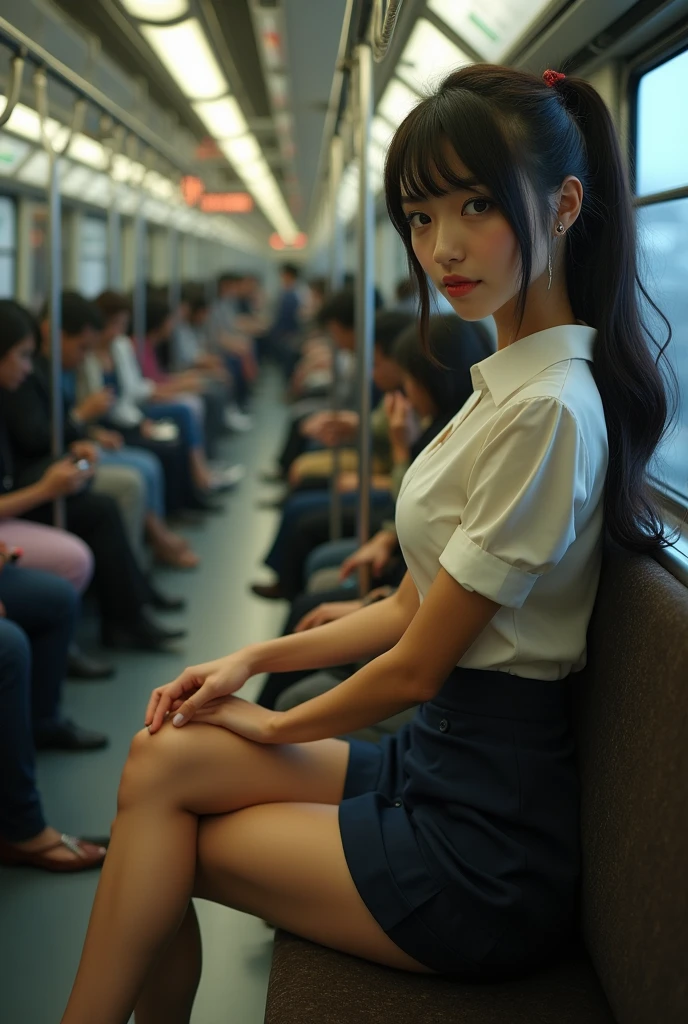 Actual photo、Highest  quality、Beautiful woman、Beautiful thighs、Beautiful Face、Uniform Ponytail、Yuriko Yoshitaka、Japanese women、pretty girl、skirt、Beautiful thighs、pumps、Inside a crowded train、Sit in your seat、Front seat、(Boys groping women&#39;s breasts:)、
