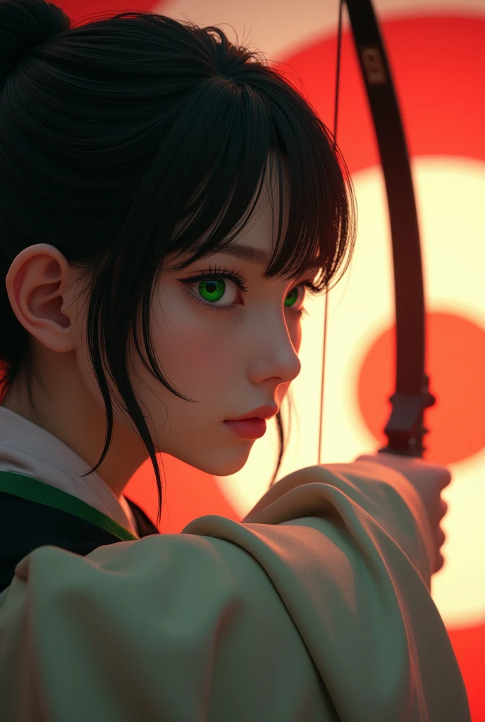 (masterpiece, photo_real, official art, octane-render):1.33, 1girl, side_view, japanese_bow, traditional_clothing, hakama, shooting_target, focused_eyes, determined_expression,(detailed green eyes, jet-black hair,colored inner green ombre hair multicolored hair,antenna hair):1.21, tied_hair, dojo_background, Japanese_archery, dynamic_pose, perfect_form, elegant, traditional_sport, detailed_background, precise_aim, serene_atmosphere, traditional_culture, martial_arts, beautiful_girl, arrow_in_flight, traditional_uniform, concentration, calm_expression, traditional_dojo, Japanese_girl, japanese_bow,_stance, poised,, in the style of bold and graphic compositions, mosaic-like collages, pop culture mashup, multiple screens, light red and light bronze, magali villeneuve, macro zoom, outlandish energy, contemporary frescoes, chaotic academia, digital as manual, ethereal lighting