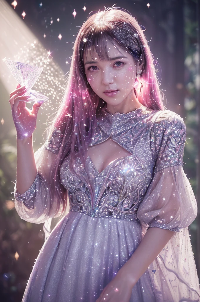 Beautiful fair-skinned woman with bright pink hair, 40 years old, ((long), (((Upper body portrait, Happy)), nature, beautiful flower々, (((A delicate light shines through)), ((Late Afternoon)), ((Clothing with intricate details), Fairytale Clothes, Realistic lighting, Realistic Shadows, Ultra-realistic, Realistic, 8k, Full HD High Contrast Photon Mapping Diamond particles Glitter lame Like popping out JILL STUART