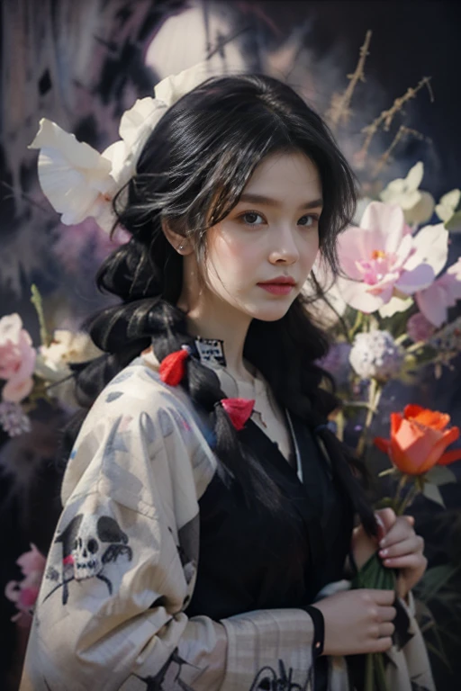 Высокое quality, 8K,masterpiece,illustration (Watercolor+Watercolor) Japanese-style, we use three colors(monochrome). One,1 woman\(grim Reaper,Cute,kawaii,Age 10 years,Hair color: white,to braid hair,dirty hair,dark eye color,big eyes,White skin,big smile,enjoy,whole body,wearing the black robe of the Grim Reaper,(BLACK HOOD),HOLDING THE BRAID,MISS,Flower hair decoration,White hair,(Case transparent:0.8),dynamic pose\),Background\((Black Sky:1.5),(skull:1.3),(withered flowers all over the land),(Red water)\), BREAK ,quality\(8K,wallpaper with extremely detailed computer graphics, masterpiece,a high resolution,top-quality,top-quality real texture skin,Hyperrealistic,increase resolution,RAW-фотографии,лучшее quality,very detailed,wallpaper\)