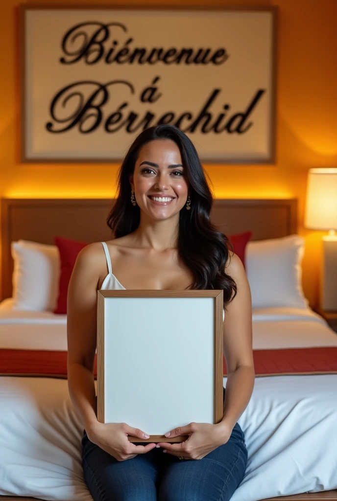 Une femme brune. Les cheveux raides, écartés ou un peu écartés du cou, pas longs, de couleurs noirs. Une femme un peu volumineuse par sa forme physique. Assise dans une grande chambre d'hôtel, sur un lit de l'hôtel, souriante, la tête droite, le regard droit fixé vers l'avant, portant dans ses mains une grande photo qu'elle montre bien vers l'avant de sorte que la photo qu'elle montre soit un peu décollée de sa poitrine et derrière elle, accroché sur le mur, un tableau avec 2 écritures sur le tableau. L'une qui dit en arabe : Bienvenue à Berrechid et la deuxième en langue française qui dit : Bienvenue à Berrechid.