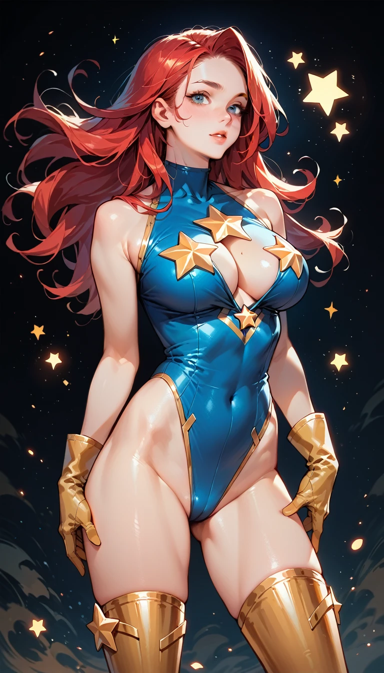 score_9, score_8_up, score_7_up, score_6_up, score_5_up, score_4_up, Sexy, Superheroine, Red hair, long hair, busty, curvy, ((blue highleg leotard with a t-back thong and a gold star insignia on chest)), gold boots, gold gloves