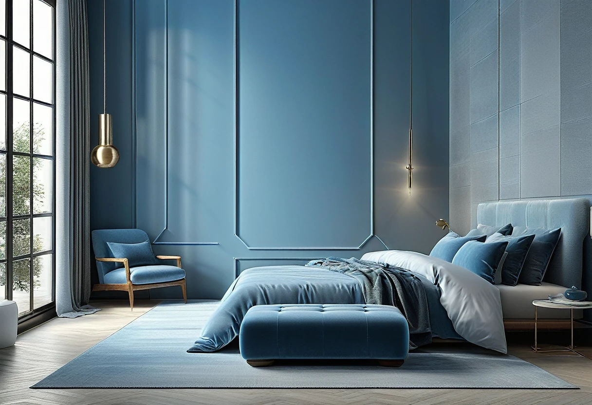 there is a bed with a blue comforter and a blue ottoman, blue realistic 3 d render, living room wall background, fresh modern look, bedroom background, soft grey and blue natural light, bedroom interior, fotografia, 4k 8k, 4 k 8 k, an interior of room, blue and grey color scheme, blue and gray colors, fresh modern style