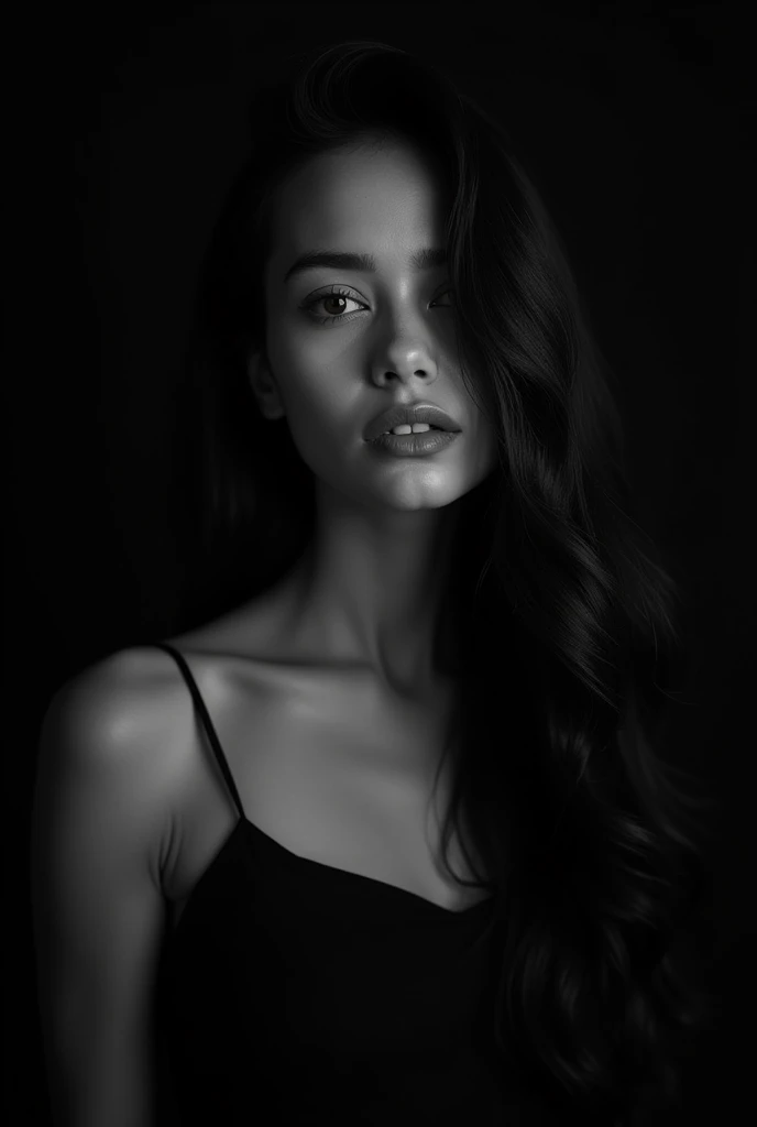 a beautiful polychrome girl with dark black hair, looking directly at the viewer, her upper body facing the viewer against a black background, glowing, limited color palette, (best quality,4k,8k,highres,masterpiece:1.2),ultra-detailed,(realistic,photorealistic,photo-realistic:1.37),portrait,dramatic lighting