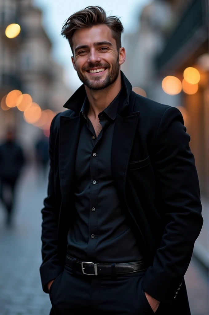 a handsome young man of 27 years wearing black shirt and black pant and black coat and he is wearing sunglasses and smiling he is beared and moustache and there are prominent dimples on his face...And his complexion is very white..And i want s full body view of him...Not half picture