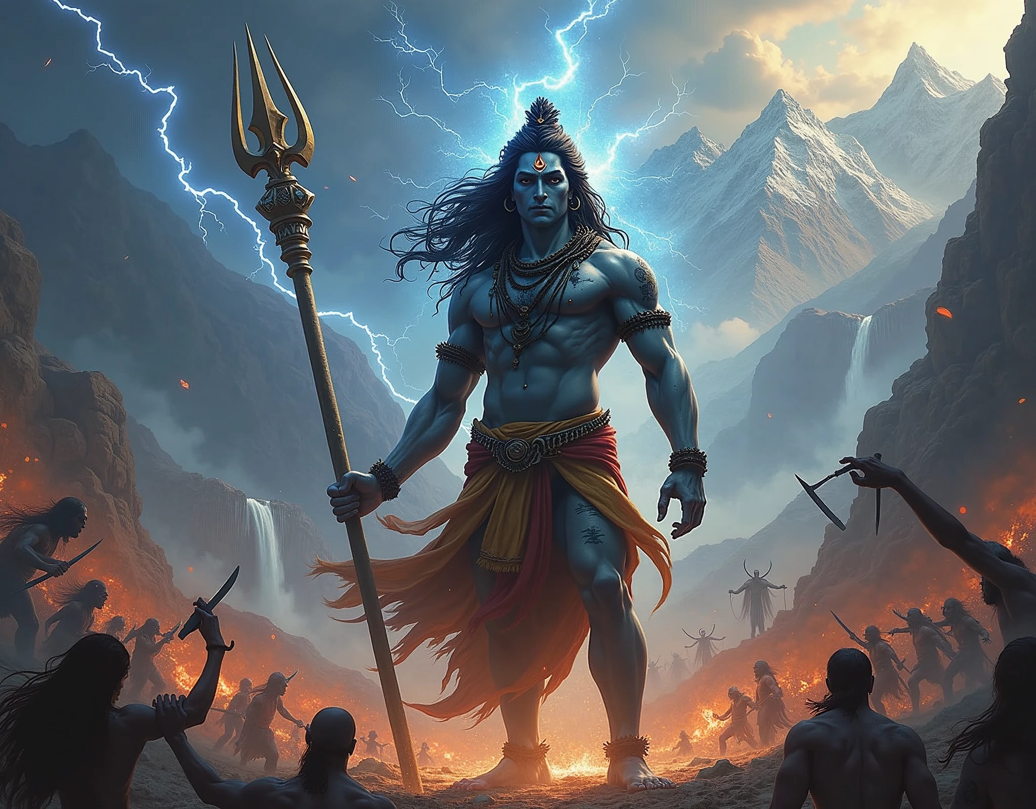 Explore the depths of Hindu mythology as Lord Shiva, the powerful deity, engages in an epic battle against the forces of evil, his muscular physique a symbol of his unwavering strength.