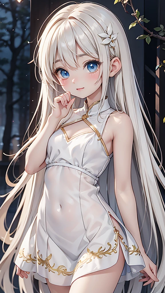 Late 20s European woman、Anime-style illustrations。Short stature with a youthful appearance、Fair skin。Short stature with a youthful appearance、Long, bright golden-white hair、Big Blue Eyes。Delicate and slender figure。Wearing a fairy-like elegant dress。Cute expressions and gestures。The background is a forest at night。Overall delicate and dreamy atmosphere。High-quality digital art。